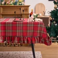 Red and green plaid Christmas tablecloth with decorative ruffled hem edge - 90x90cm / Woolen Red Plaid Ruffle