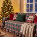 Festive red and green plaid Christmas sofa towel cover with elegant ruffled edges - Green Plaid with Ruffle Edge