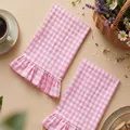 Soft pink gingham cotton hand towels with decorative ruffled edges for kitchen decor - 2PCS / Pink Gingham