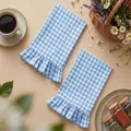 Blue and white checkered cotton hand towel featuring decorative ruffle edge finish - 2PCS / Blue Gingham