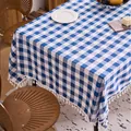 Blue and white checkered cotton linen tablecloth with white fringe tassels for dining decor - 60x60cm / Deep Blue Plaid (With Tassels)