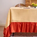 Extra large round yellow gingham tablecloth with vibrant orange ruffle trim edge decoration - 120cm Round / Yellow Gingham with Orange Ruffle