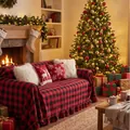 Festive red buffalo plaid sofa cover for Christmas with ruffle trim and pillows - Red and Black Woven 4cm Ruffle