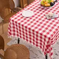 Red and white checkered cotton linen tablecloth featuring elegant white tassels at the edges - 60x60cm / Red & White Plaid (With Tassels)