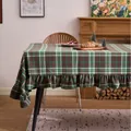 Festive Christmas plaid tablecloth with elegant ruffled edges in green and brown plaid - 90-90 / 毛呢绿咖格荷叶边