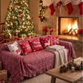 Elegant festive red plaid ruffle sofa cover protector for Christmas holiday decor - Snowflake Heart Red Ruffle