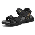 Durable black men's outdoor non-slip cowhide leather beach sandals with orange accents - 38 / Black