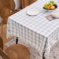 Light blue cotton linen checkered tablecloth with decorative white tassels for dining table - 60x60cm / Cyan Blue Plaid (With Tassels)