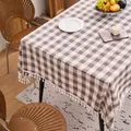 Rustic brown and white checkered cotton linen tablecloth featuring decorative white tassels - 60x60cm / Coffee and White Plaid (With Tassels)