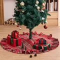 Red plaid Christmas tree skirt with ruffled edges shown in a festive home setting - Woolen Red Plaid Ruffle