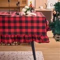 Red and black buffalo plaid Christmas tablecloth with elegant ruffled edge detail - 90-90 / Red and Black Woven 4cm Ruffle