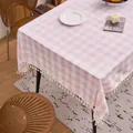 Pink and white checkered cotton linen tablecloth with elegant white tassel fringe detail - 60x60cm / Pink White Plaid (With Tassels)