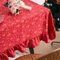 Red festive Christmas tablecloth with gold bell patterns and elegant ruffled edges - 90x90cm / Red Bronzing Wind Chime Ruffle