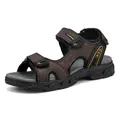 Men's outdoor brown leather beach sandals with adjustable velcro straps and anti-slip sole - Coffee