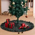 Green plaid Christmas tree skirt with ruffled edges and festive gift decorations. - Yellow-Green Grid Ruffle