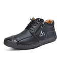 Premium black hand-stitched leather casual boots with side zipper and flat sole - 36 / Black