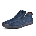 Stylish blue hand-stitched leather shoes featuring side zipper and soft flat rubber sole - 36 / Dark Blue