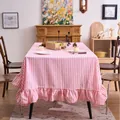 Pink and white vertical striped tablecloth with elegant ruffled edge for dining table decor - Pink 1cm Vertical Stripe Print Ruffle / 90-90