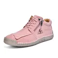 Hand-stitched pink suede ankle boots featuring a soft sole and metallic side zipper - 36 / Light Pink
