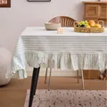 Mantel elegante de rayas verdes y blancas con bordes de volantes para el hogar - 90x90cm / Verde salvia rayas verticales finas con volantes