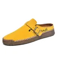 Modische gelbe Slipper aus Wildleder mit Schnallenriemen und weißen Kontrastnähten - 36 / Gelb