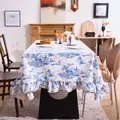 Elegant blue and white Toile de Jouy patterned tablecloth featuring vintage ruffled edges - English Garden Ruffle / 140-260