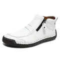 Handmade stitched white leather casual short boots for men with side zipper and rubber sole - 38 / White