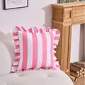 Chic pink and white wide striped cushion cover with ruffled edges for sofa decor - 45x45cm / Pink and White Striped Velvet Tablecloth with Ruffle Edge