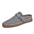 Stylish grey suede slip-on loafers featuring adjustable buckle and white hand-stitched details - Gray