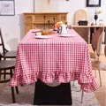 Pink and white checkered tablecloth with elegant ruffled edges for the dining room - Red Floral Plaid with Ruffle / 140-260