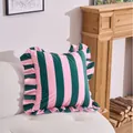 Pink and dark green striped ruffled throw pillowcase in luxury Dutch velvet fabric - 45x45cm / Velvet Striped Dark Green & Pink Ruffles
