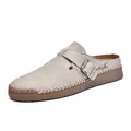 Fashionable grey suede buckle mules featuring contrast stitching and a thick rubber sole - Beige
