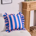Elegant pink and blue striped Dutch velvet ruffled pillowcase for home sofa decoration - 45x45cm / Blue and Pink Striped