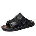 Summer casual black leather slippers with velcro straps and mesh detail for beach wear. - 37 / Style (895) / Black