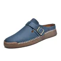 Blue British style slip-on loafers with buckle strap and white stitching - Blue