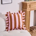 Cozy pink and brown vertical striped throw pillowcase with elegant ruffled edges - 45x45cm / Coffee and Pink Striped