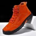 Men's fashion orange PU leather ankle boots with stylish handmade stitching details - 39 / Casual Style (2317) / Orange