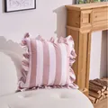 Elegant pink and white striped velvet pillow cover with ruffled edges for luxury sofa decor - Beige/Khaki Striped Velvet with Ruffle Edge
