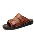 Brown men's leather sandals with adjustable magic tape straps and breathable mesh lining. - 37 / Style (895) / Tan