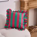 Luxury red and green striped velvet throw pillow cover with elegant ruffled edge decoration - Velvet Striped Rose Red & Green Ruffles