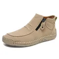 Men's tan casual hand-stitched ankle boots with side zipper and rubber sole - Apricot