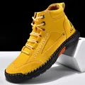 Fashionable yellow PU leather ankle boot with handmade stitching and lace-up design - 39 / Yellow
