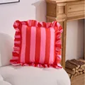 Red and pink vertical striped cushion cover with ruffle edges in Dutch velvet - Red and Pink Striped
