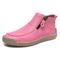 Men's pink casual leather short boots with side zipper and white hand-stitched detail - Rose Red