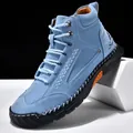Men's fashionable light blue PU leather ankle boots with hand-stitched details and lace-up - 39 / Casual Ankle Boots / Light Blue