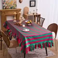 Red and green striped velvet tablecloth with ruffled edges for dining tables - 100-140cm / Horizontal Stripes Ruffle / Rose Red & Green