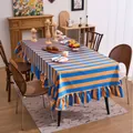 Premium blue and orange striped velvet tablecloth with decorative ruffled edge design - 100-140cm / Blue and Orange Striped with Ruffles