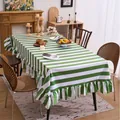 Rectangular green and white striped velvet tablecloth featuring elegant ruffled edges - 100-140cm / Green and White Striped Ruffle