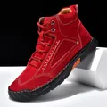 Fashionable red men's PU leather ankle boots with hand-stitched details and lace-up design - 39 / Red
