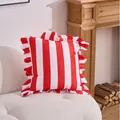 Elegant red and white striped dutch velvet pillowcase with ruffled edges for sofa decor - Red and White Striped